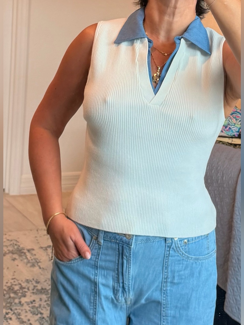 French Connection Cream Ribbed Sleeveless Polo Tank with Blue Collar